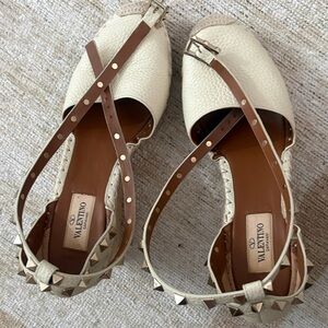Valentino Cream and Brown Espadrille Sandals with Studs